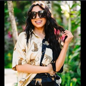 Entro Cheetah Print Colorblock Satin Button-Up Blouse | Medium